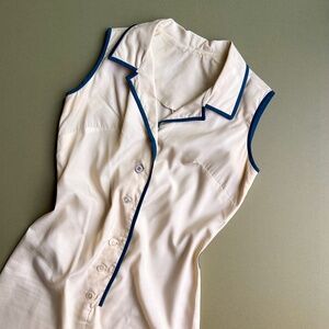 Vintage 1960s Palest Yellow Buttoned Dress With Blue Trim (S)